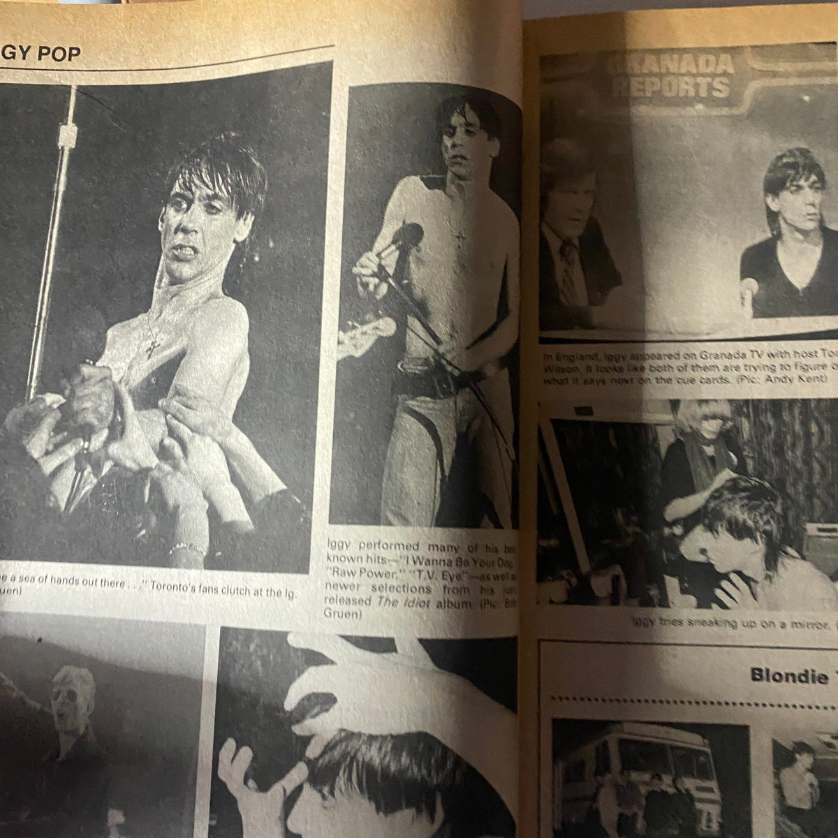 Photograph of Iggy Pop featured in the Vintage Rock Scene Magazine July 1977, capturing his energetic performance and rock star persona.