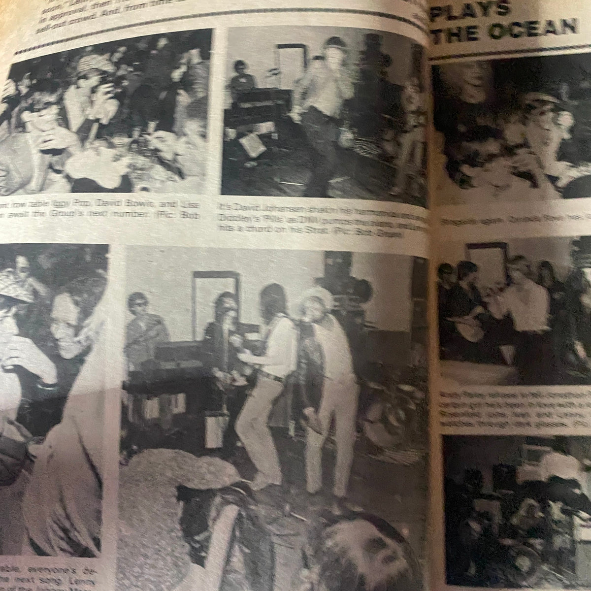 Multiple images showcasing musicians and fans interacting during performances, as seen in the Vintage Rock Scene Magazine July 1977, reflecting the counterculture era.