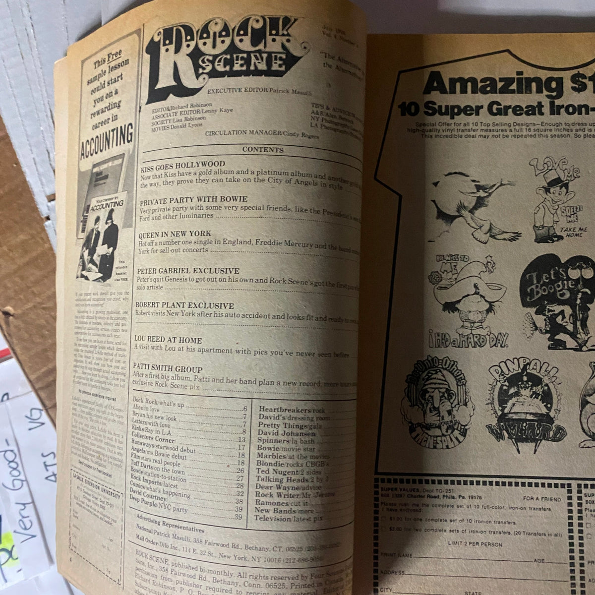 Inside page of the VTG Rock Scene Magazine July 1976 featuring the table of contents, including articles on Kiss, David Bowie, and Patti Smith.