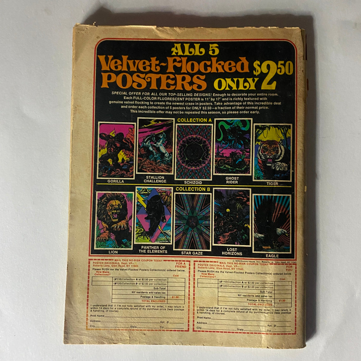 Back cover of VTG The Best of Rock Scene Magazine July 1978 displaying an advertisement for velvet-flocked posters, with vibrant illustrations and pricing details.