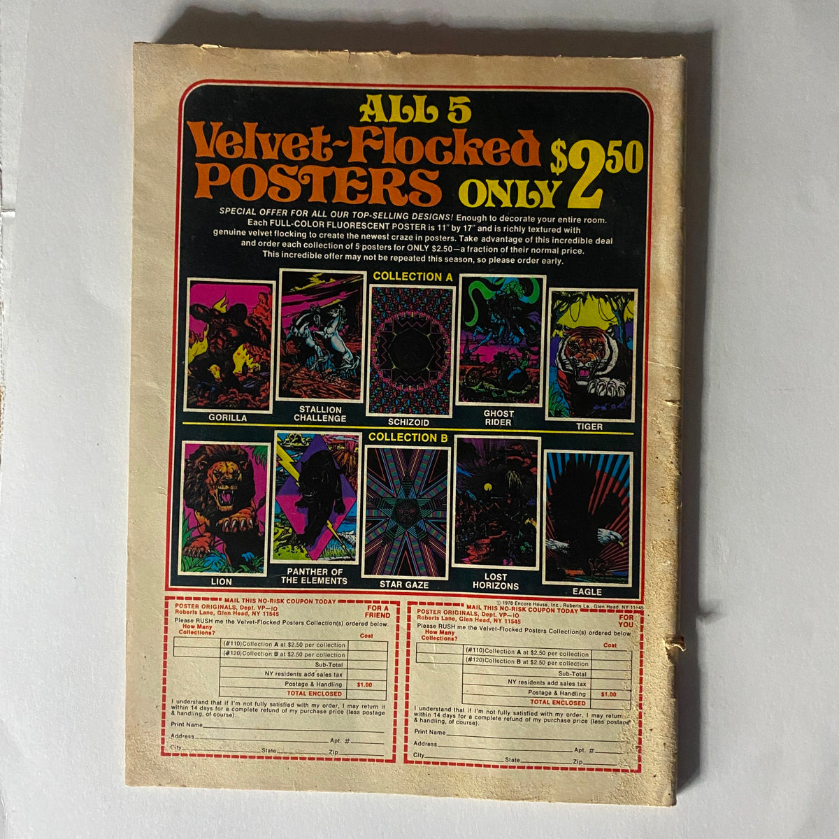 Back cover of the VTG Rock Scene Magazine October 1978 featuring an advertisement for Velvet-Flocked Posters. This collectible magazine transports readers to the classic rock era while promoting nostalgic merchandise.
