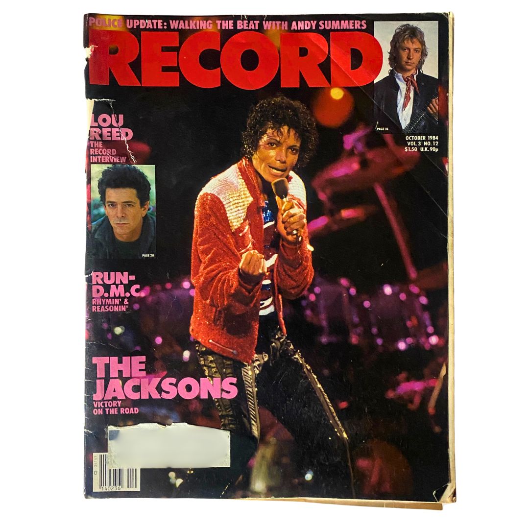 Vintage Record Magazine October 1984 featuring Michael Jackson on the cover, showcasing his dynamic performance style during the height of his career.