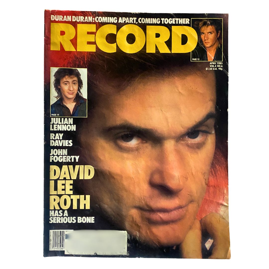 Cover of VTG Record Magazine April 1985 Vol 4 No. 6 featuring David Lee Roth and Julian Lennon, showcasing vibrant colors and vintage design.