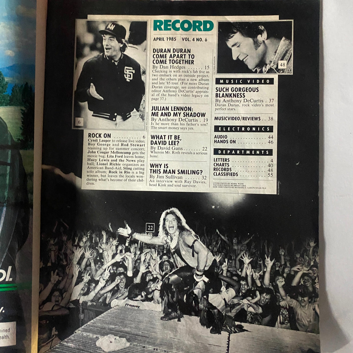 Inside page of VTG Record Magazine April 1985 Vol 4 No. 6, highlighting articles and features including Duran Duran and a performance scene with David Lee Roth.