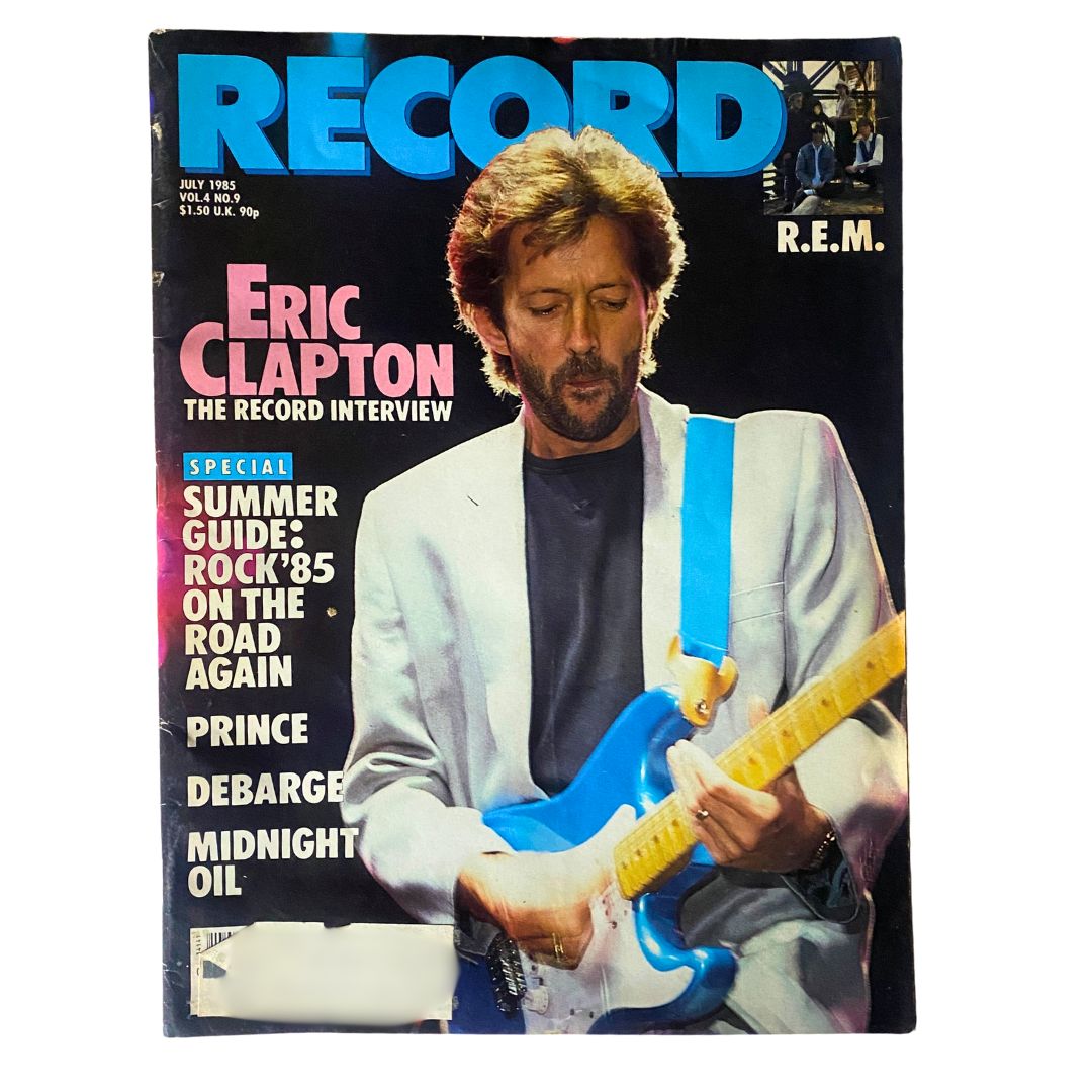 Cover of VTG Record Magazine July 1985 featuring Eric Clapton, showcasing his record interview, alongside highlights of Prince, DeBarge, and other notable artists of the era.