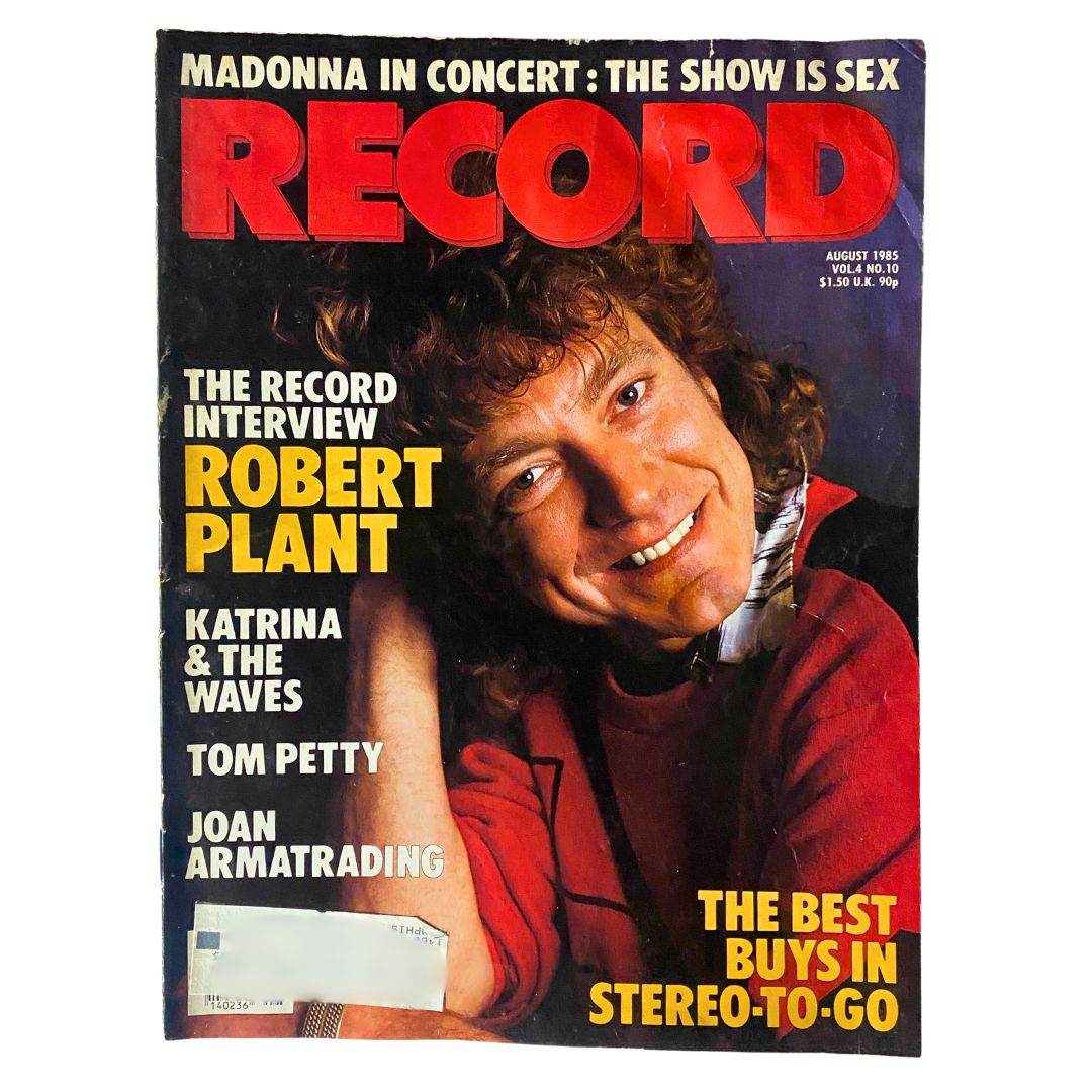Cover of the VTG Record Magazine August 1985 Vol 4 No. 10 featuring Robert Plant, Katrina & The Waves, Tom Petty, and Joan Armatrading. The magazine highlights the dynamic music scene of the mid-1980s.