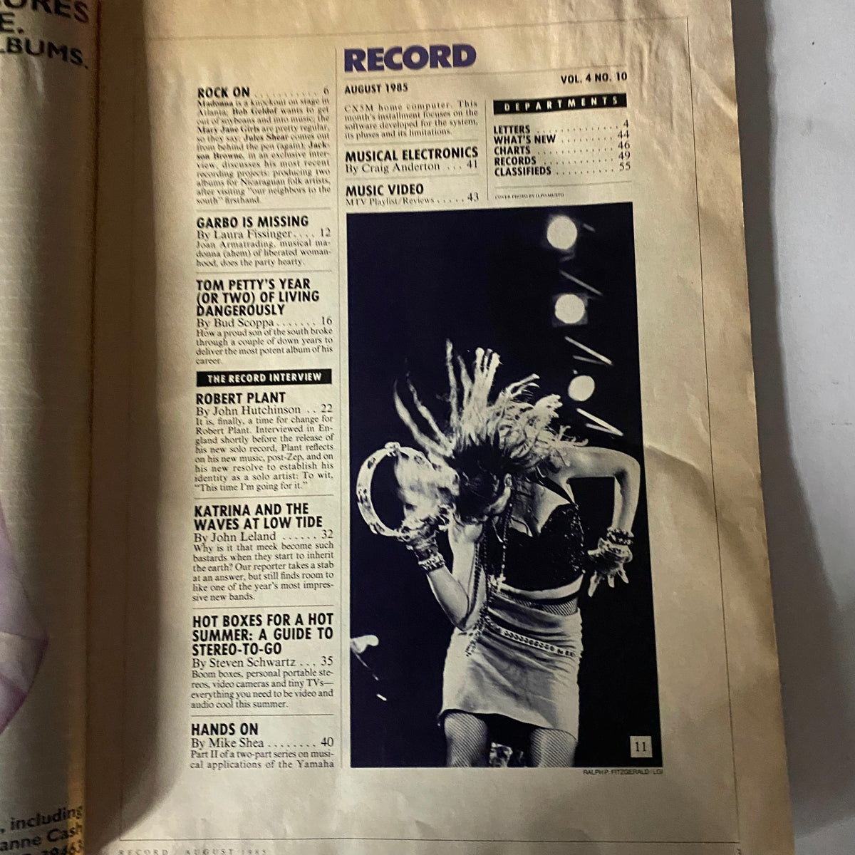 Page from VTG Record Magazine August 1985, Vol 4 No. 10 featuring sections on music articles, including Robert Plant and Katrina & The Waves.