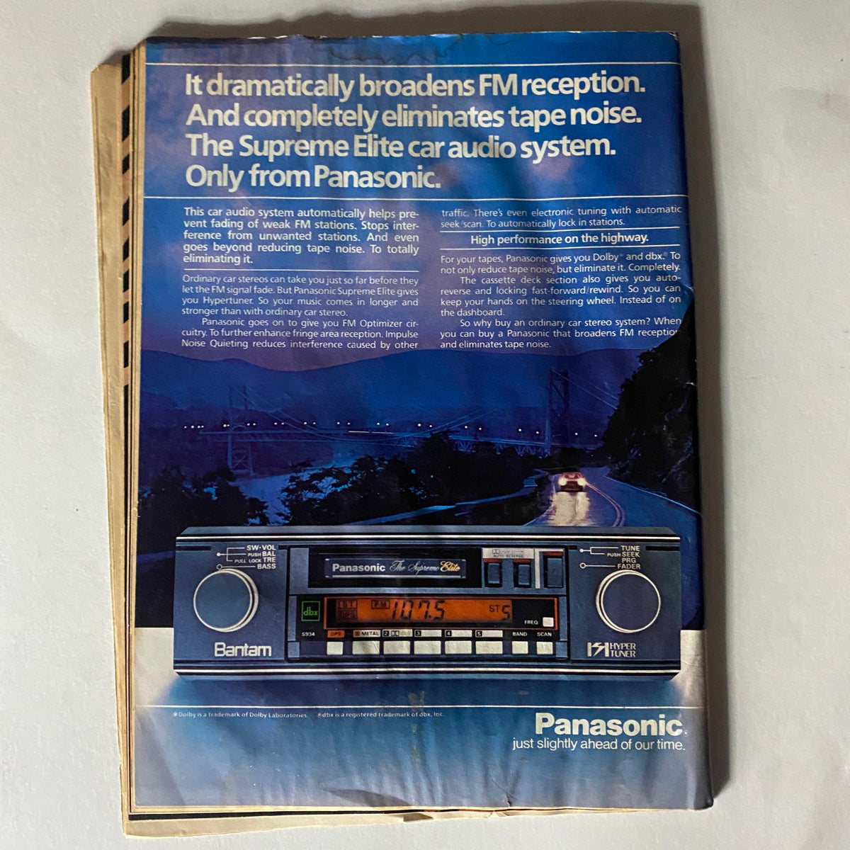Back cover of VTG Record Magazine June 1985 Vol 4 No. 8 featuring an advertisement for the Panasonic Supreme Elite car audio system, emphasizing advanced features for audio enthusiasts.