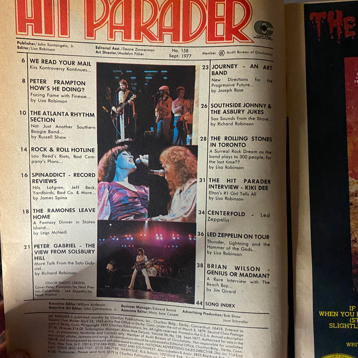 Inside page of VTG Hit Parader Magazine September 1977, highlighting articles and features including interviews and performances from popular artists of the era.