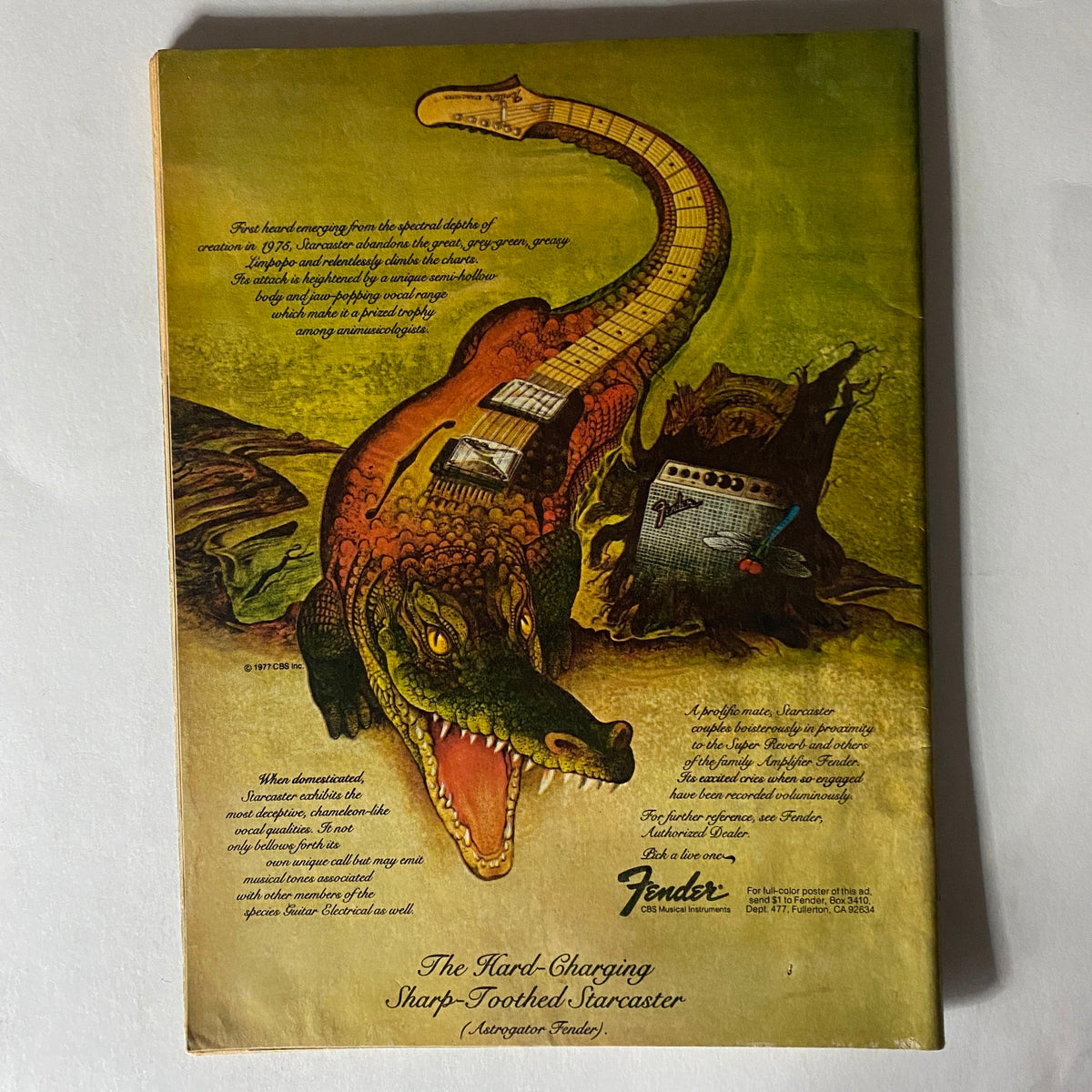 Back cover of VTG Hit Parader Magazine September 1977 showcasing a vibrant advertisement for the Fender Starcaster guitar, designed with artistic flair, ideal for vintage music ads collectors.
