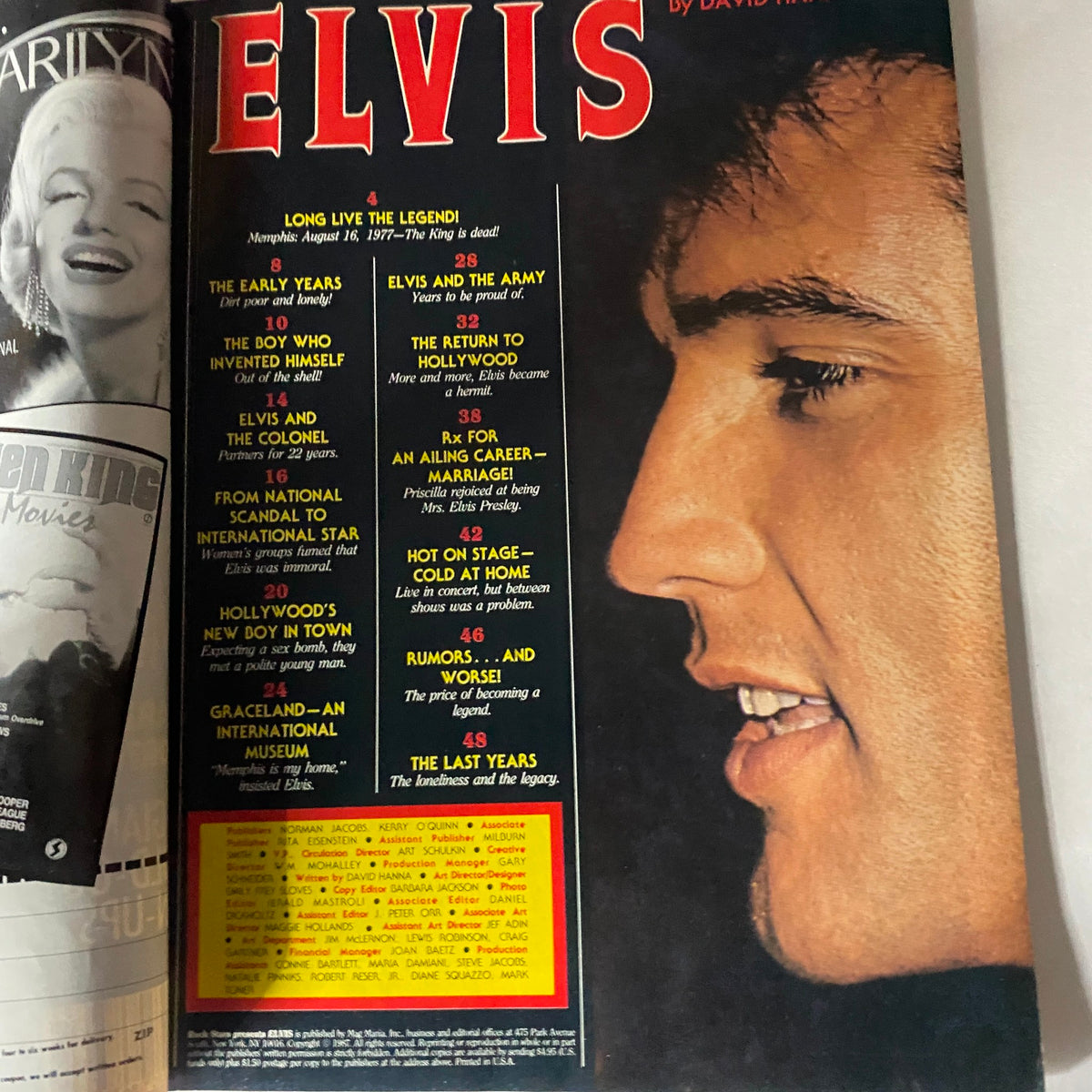 Inside page of VTG Rock Stars Present 1987 Elvis Presley His Life, Films, Music No Label magazine highlighting Elvis Presley's career, with sections on his life, films, and legacy.