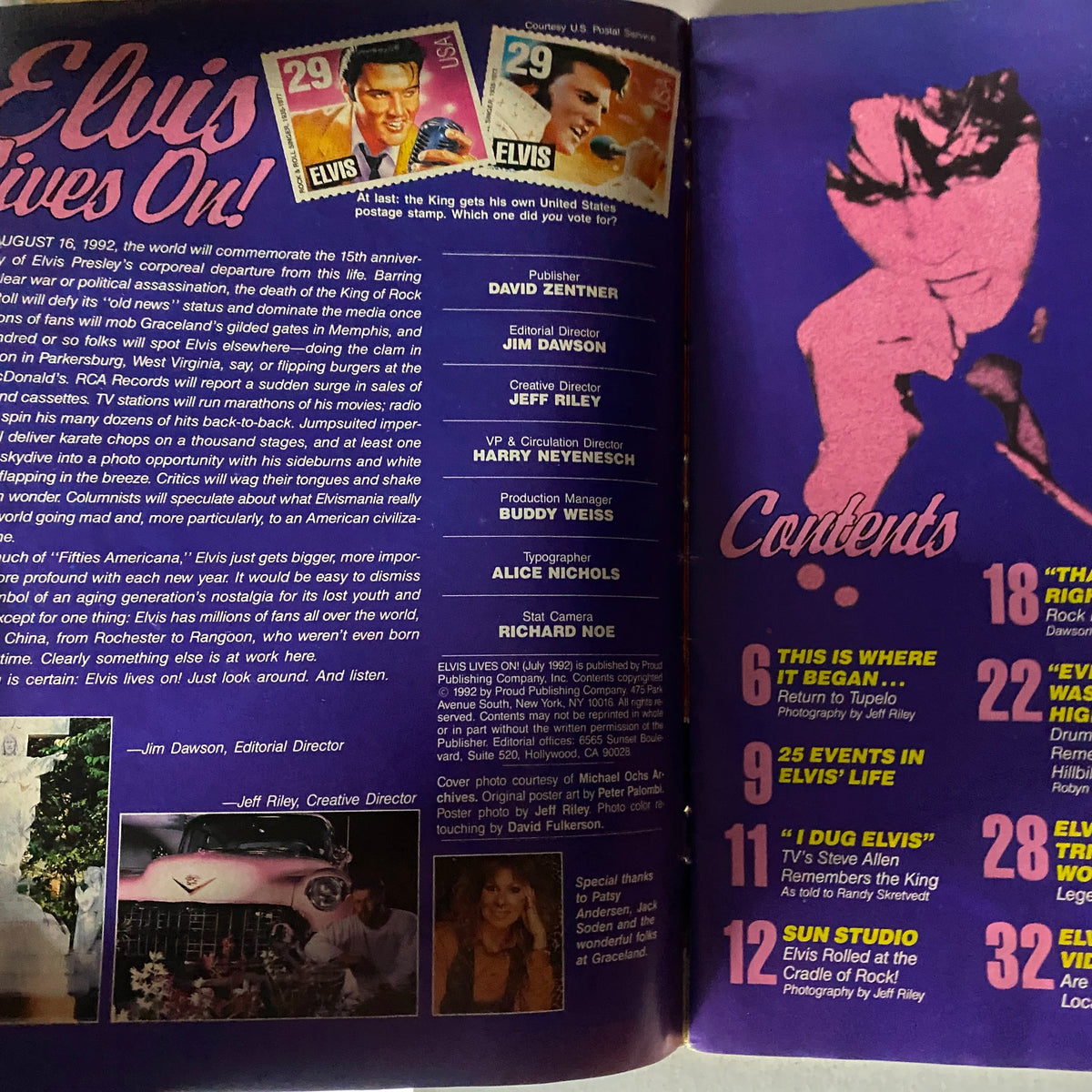 Inside page of Elvis Lives On Magazine, July 1992, detailing contents and contributors, along with images commemorating Elvis Classic Rock influence.