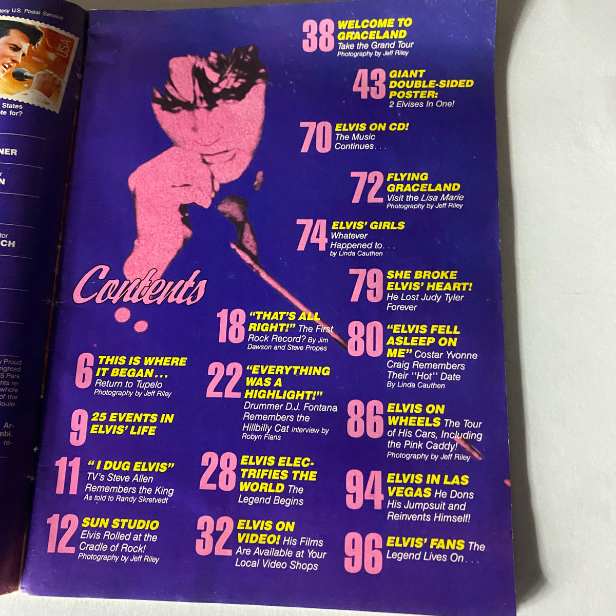 Continued contents page from Elvis Lives On Magazine, July 1992, highlighting feature articles dedicated to Elvis Presley's life and legacy.