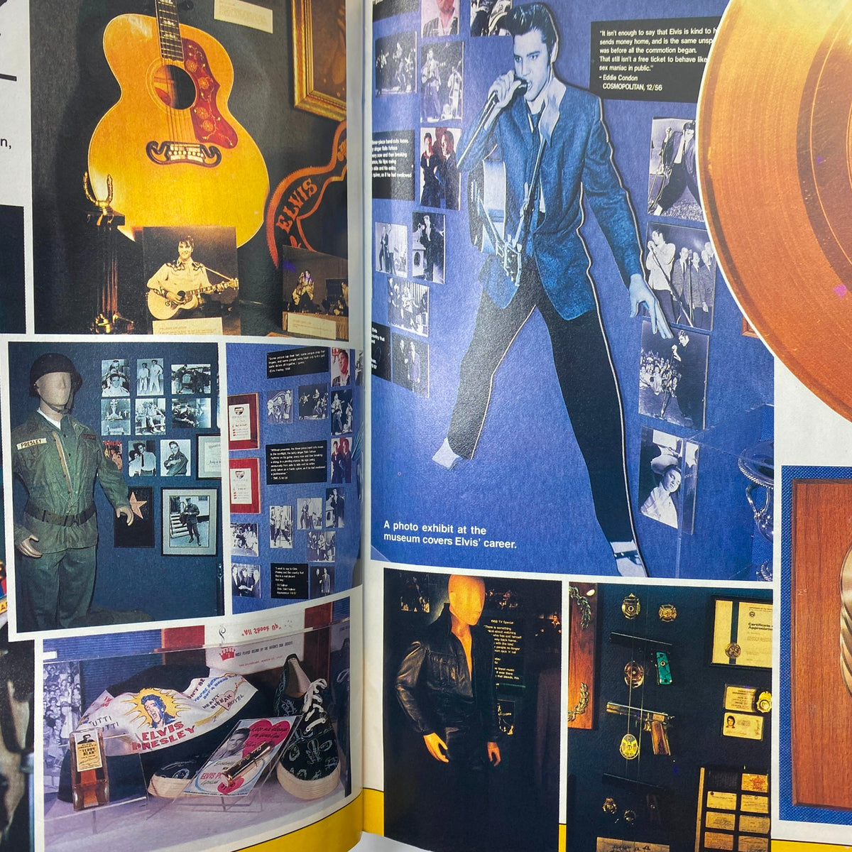 Elvis Lives On Magazine July 1992 showcasing a photo exhibit dedicated to Elvis Presley, featuring memorabilia such as a guitar, photos, and costumes that highlight his music career.