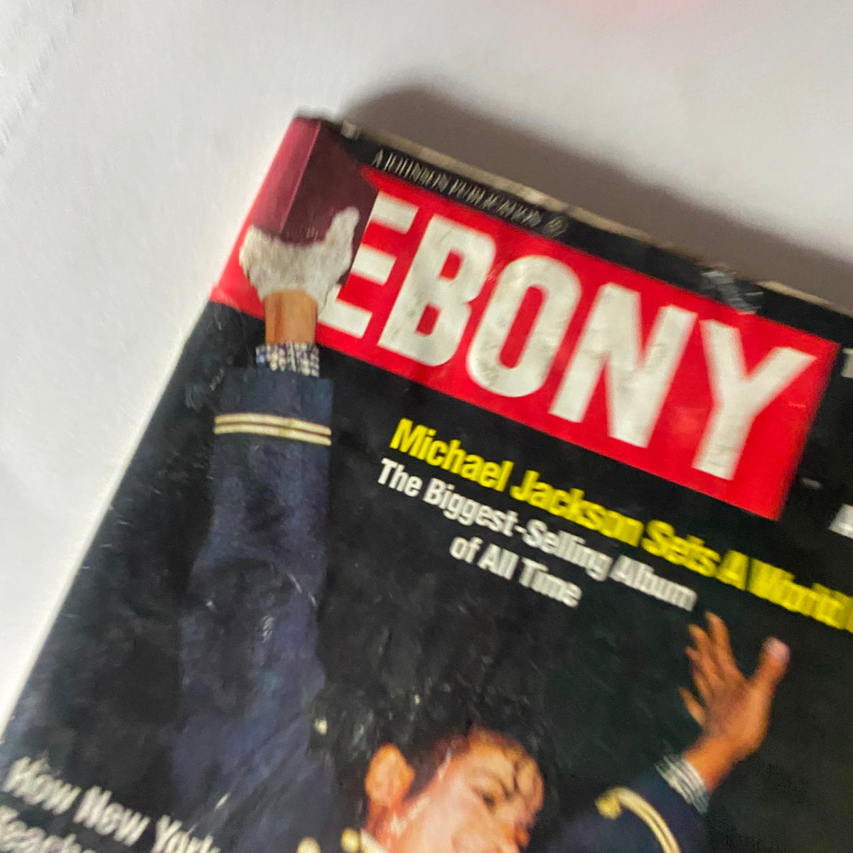 Close-up view of the cover of VTG Ebony Magazine May 1984 showing Michael Jackson, with emphasis on the title and headlines about his achievements in music.