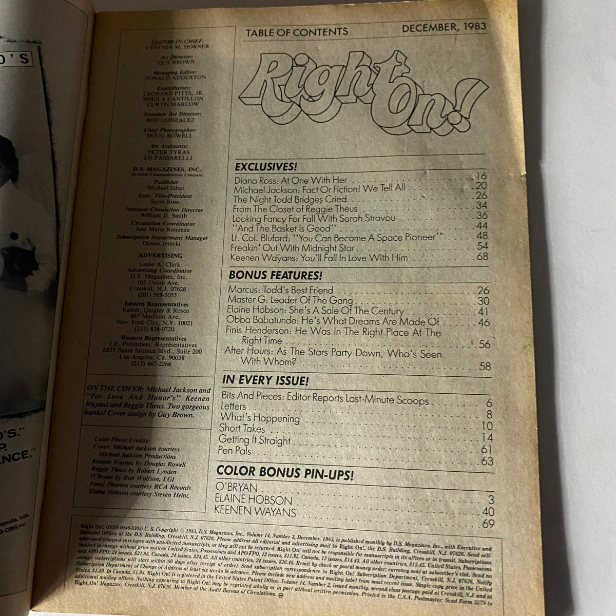 Table of Contents from the December 1983 issue of Right On Magazine, Vol 14 No. 3, featuring Michael Jackson on the cover, showcasing articles and exclusives related to the pop culture and music scene of the 1980s.