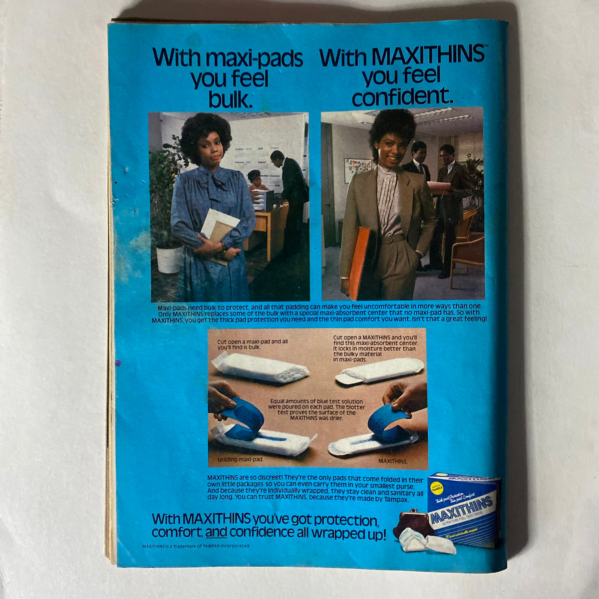 Maxithins advertisement for feminine hygiene products, featured in the VTG Right On Magazine December 1983 Vol 14 No. 3, highlighting marketing trends of the 1980s.