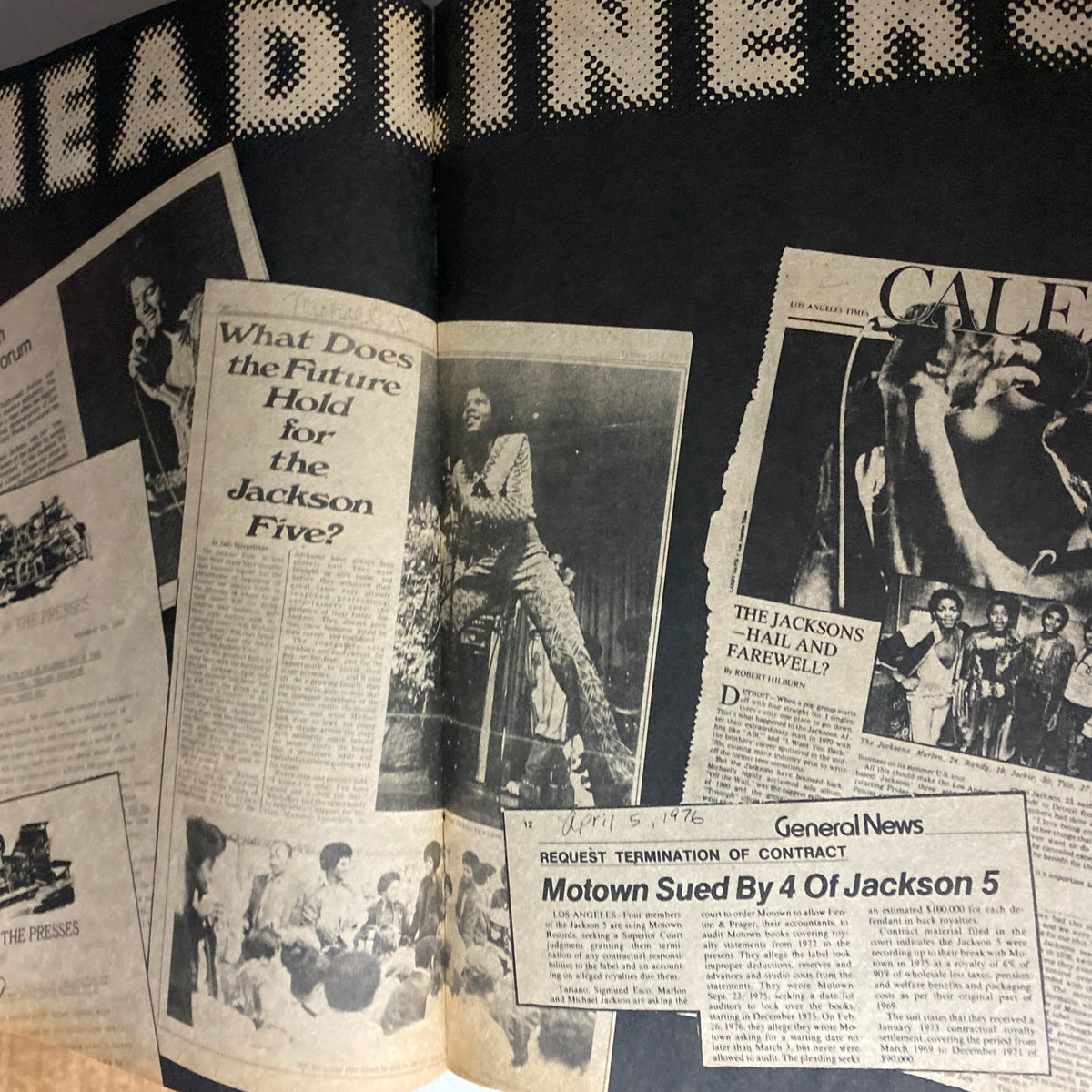Inside spread of VTG Right On Magazine 1984-1985 featuring headlines and articles about Michael Jackson and the Jackson Five, showcasing vintage pop culture.