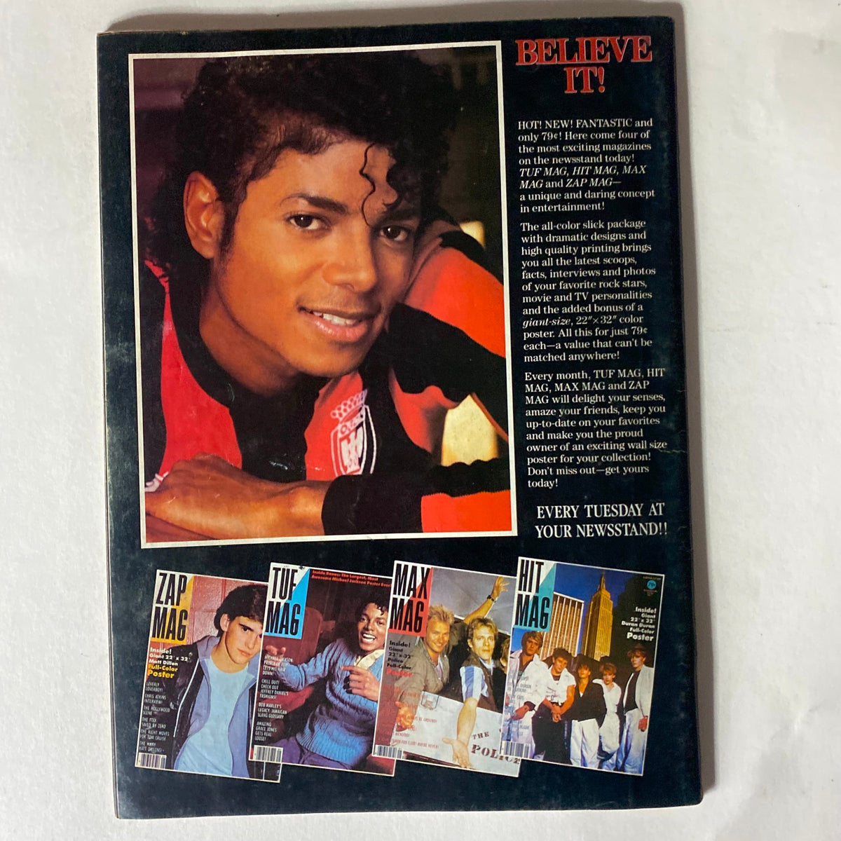 Back cover of VTG Right On Magazine 1984-1985 featuring a portrait of Michael Jackson, highlighting promotional content for other magazines and the iconic star.