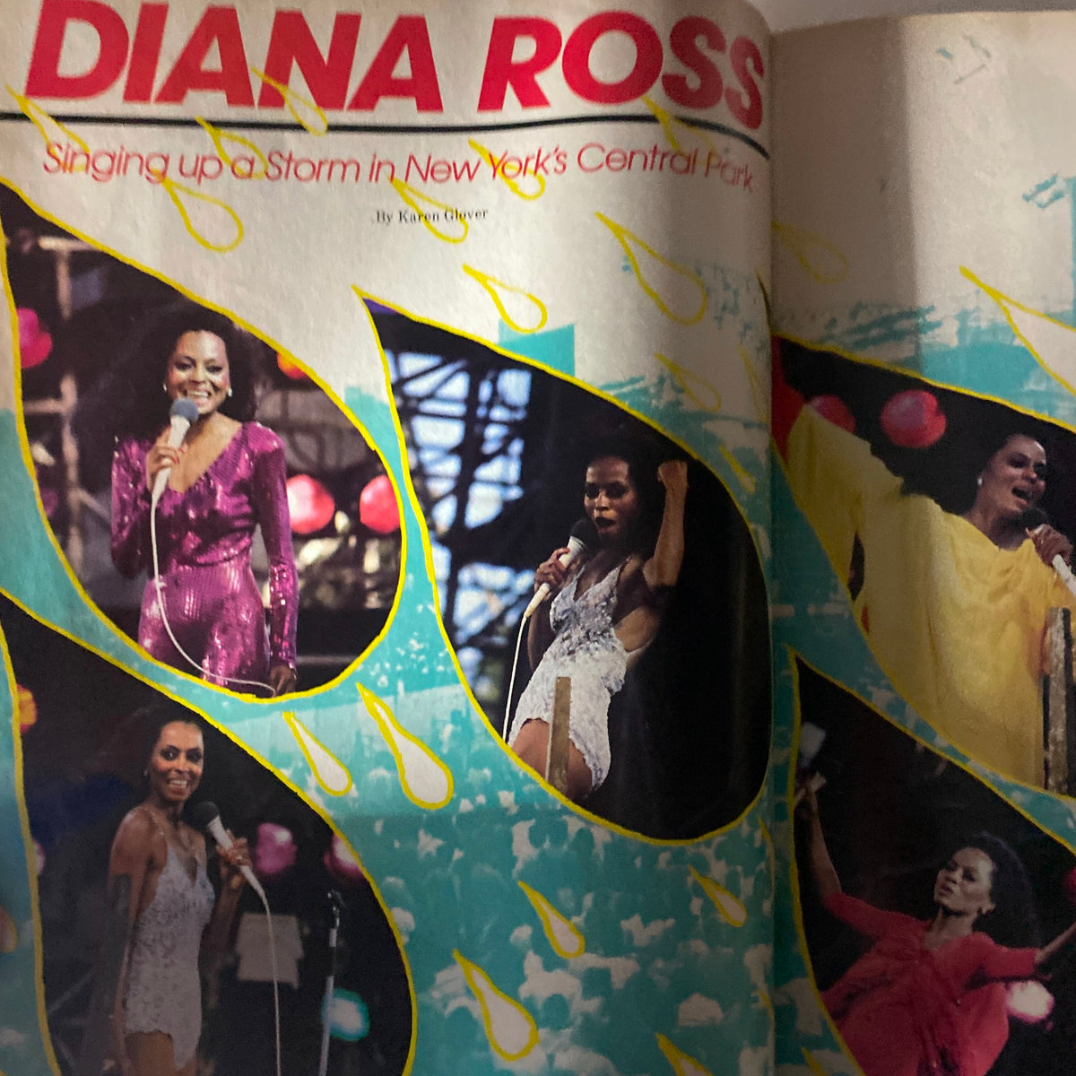 Diana Ross in VTG Black Beat Magazine December 1983, performing live in Central Park, captured in various colorful poses that reflect her iconic stage presence.