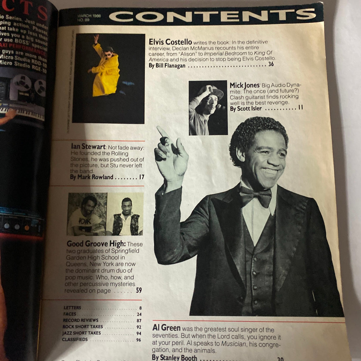 Contents page from Musician Magazine March 1986 No. 89 featuring the last Elvis Costello interview, including articles on Ian Stewart and Good Groove High.