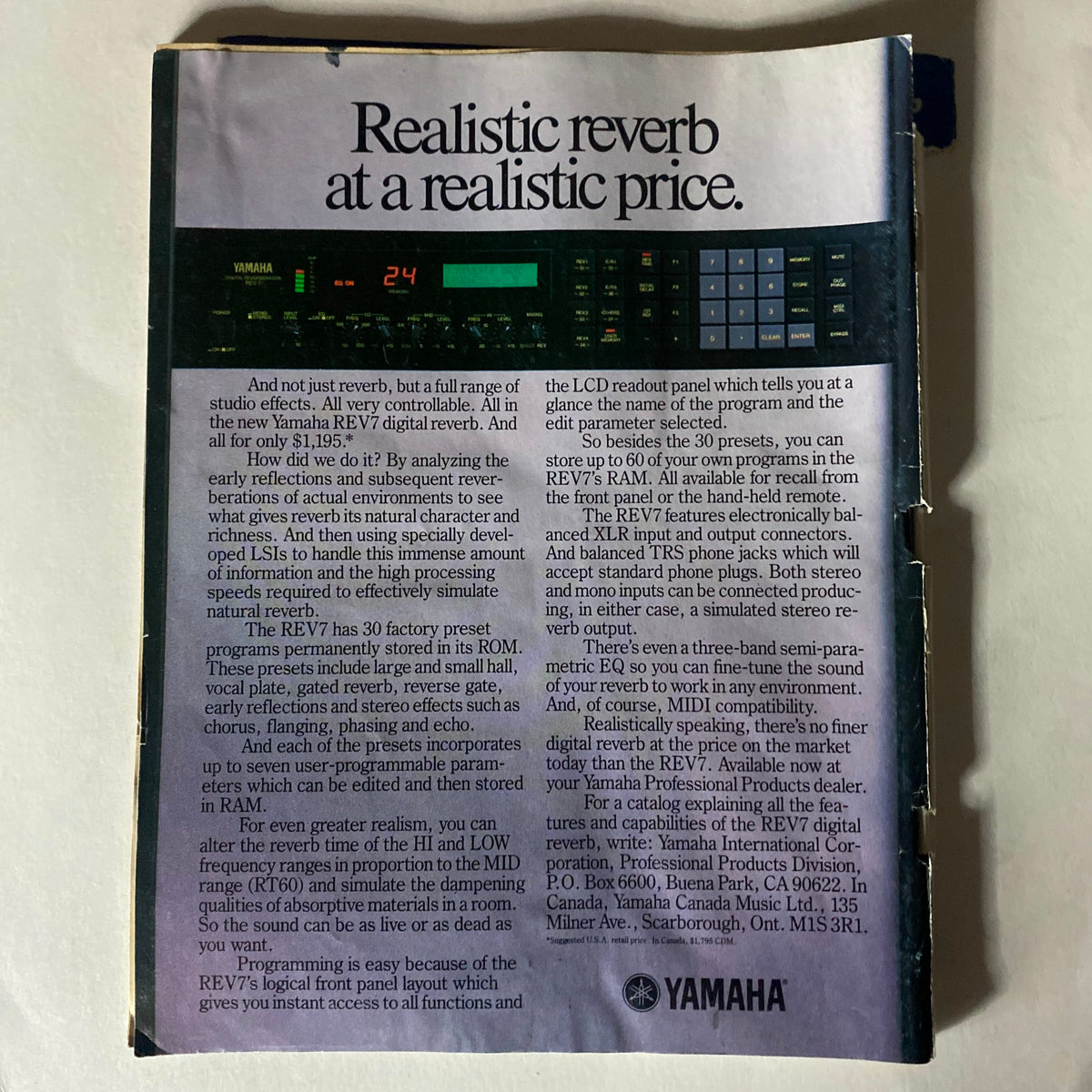 Advertisement for Yamaha REV7 digital reverb on the back cover of Musician Magazine March 1986 No. 89, detailing features and capabilities.