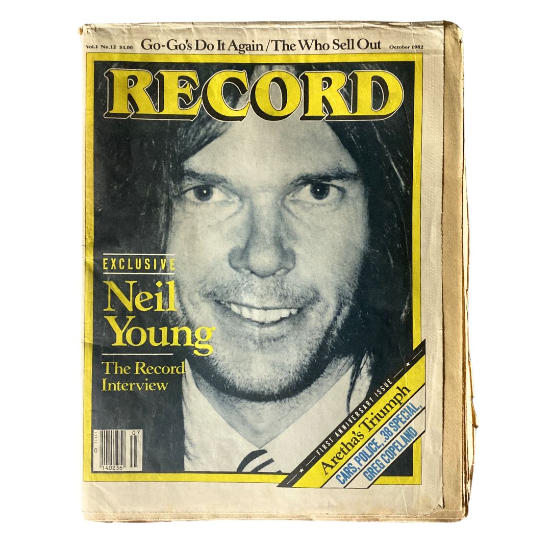 Neil Young Vintage Record Magazine - October 1982, Vol 1 No. 12 featuring a close-up of Neil Young on the cover.