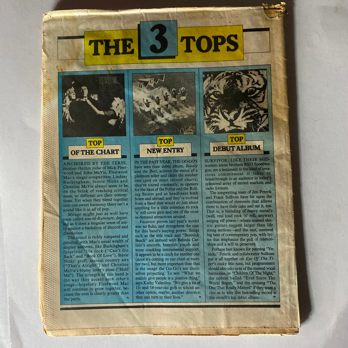 Back cover of Neil Young Vintage Record Magazine - October 1982, Vol 1 No. 12 featuring a section titled 'The 3 Tops' highlighting popular music trends.