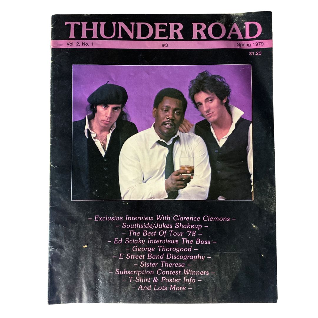 Thunder Road Magazine Spring 1979 cover featuring Clarence Clemons and band members, highlighting vintage music culture. Volume 2, Number 1.