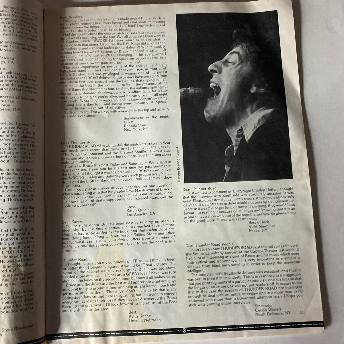 Interior page of VTG Thunder Road Magazine Spring 1979 featuring a black and white image of a performer at the microphone, alongside text discussions about music and Bruce Springsteen.