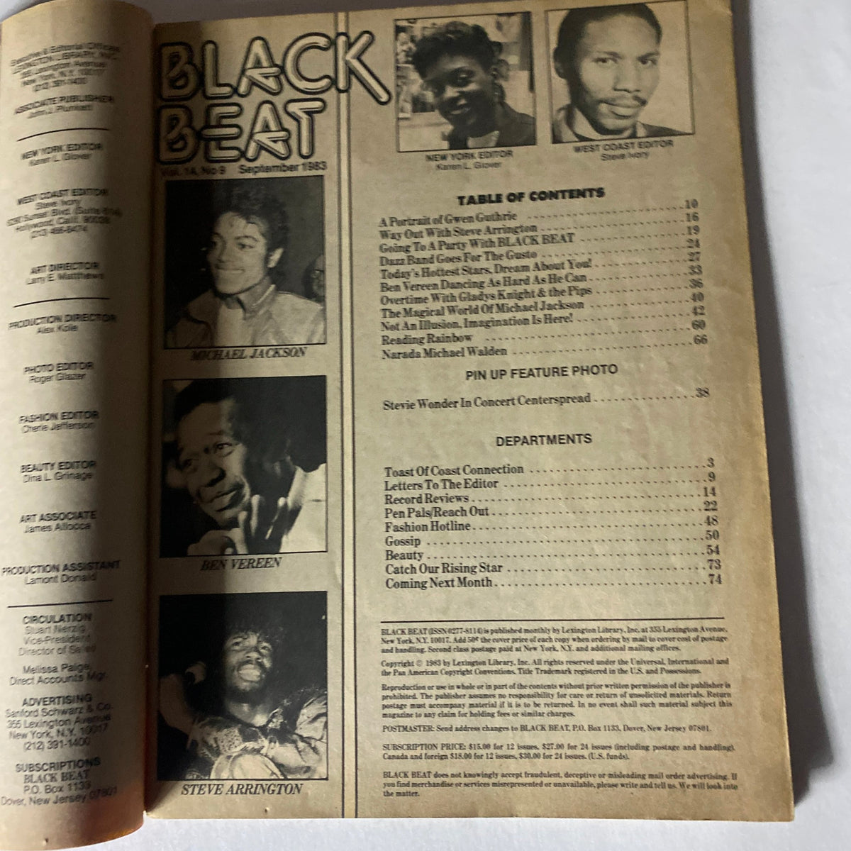 Inside pages of VTG Black Beat Magazine September 1983 showcasing a table of contents with featured articles including Stevie Wonder, Michael Jackson, and Ben Vereen.