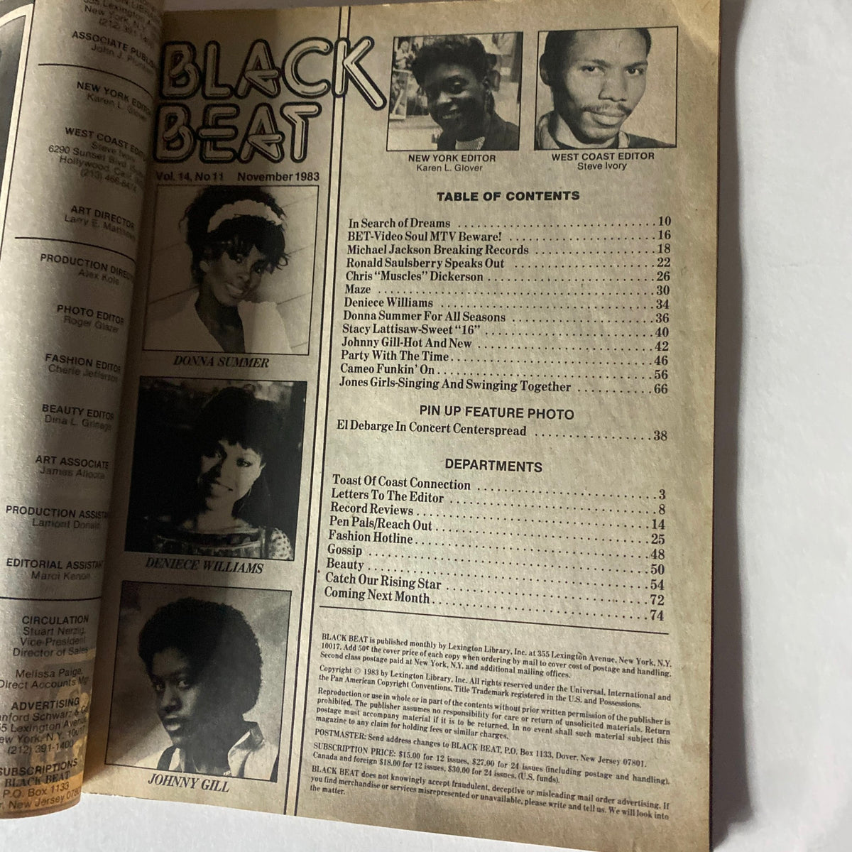 Interior page of VTG Black Beat Magazine November 1983 Vol 14 No. 11 featuring a table of contents with icons from the disco era including Donna Summer, Deniece Williams, and Johnny Gill, highlighting articles related to music and culture.