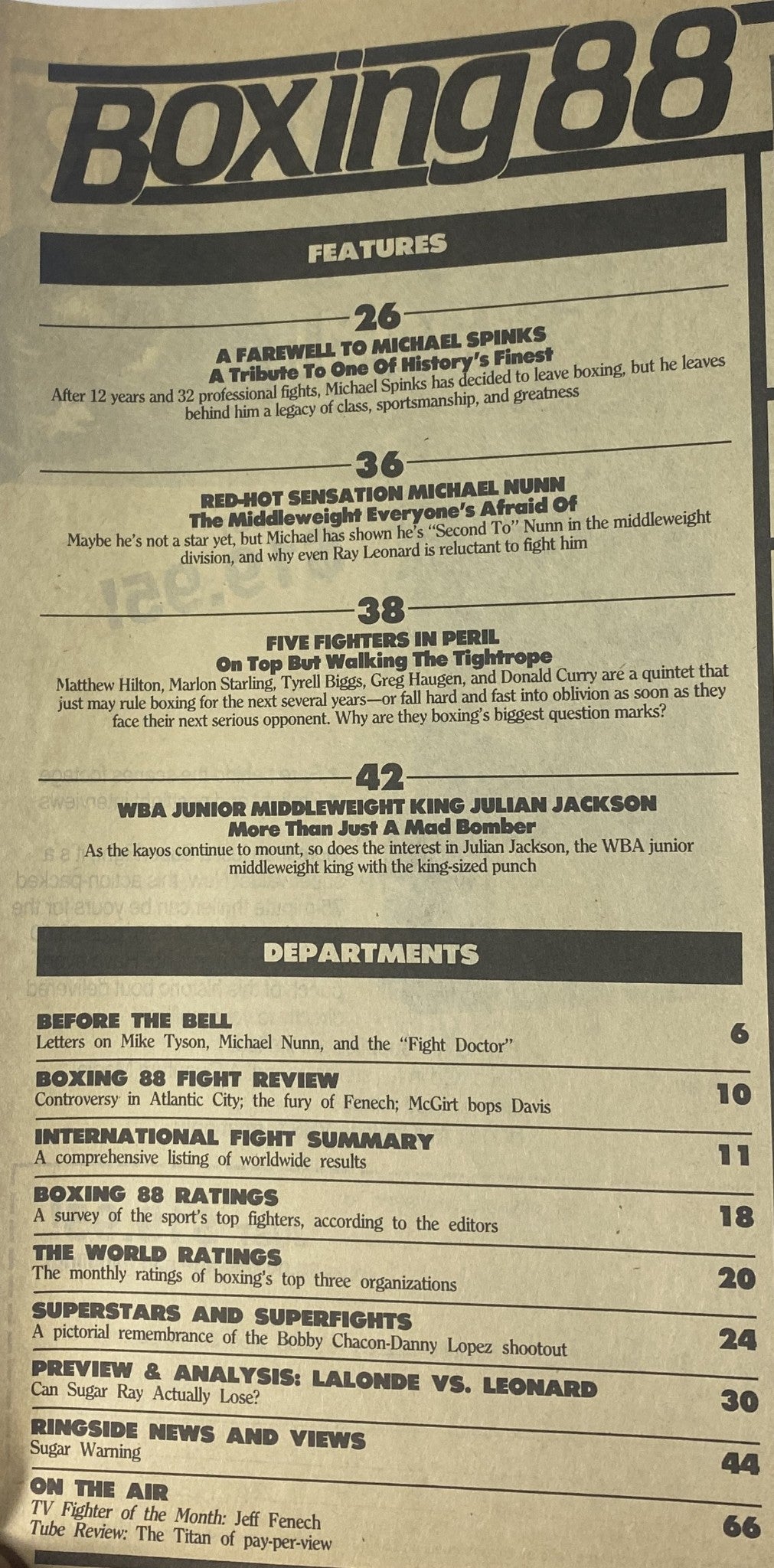 Interior page of Boxing 88 Magazine December 1988 featuring the table of contents, highlighting features like 'A Farewell to Michael Spinks' and 'WBA Junior Middleweight King Julian Jackson' with publication details.