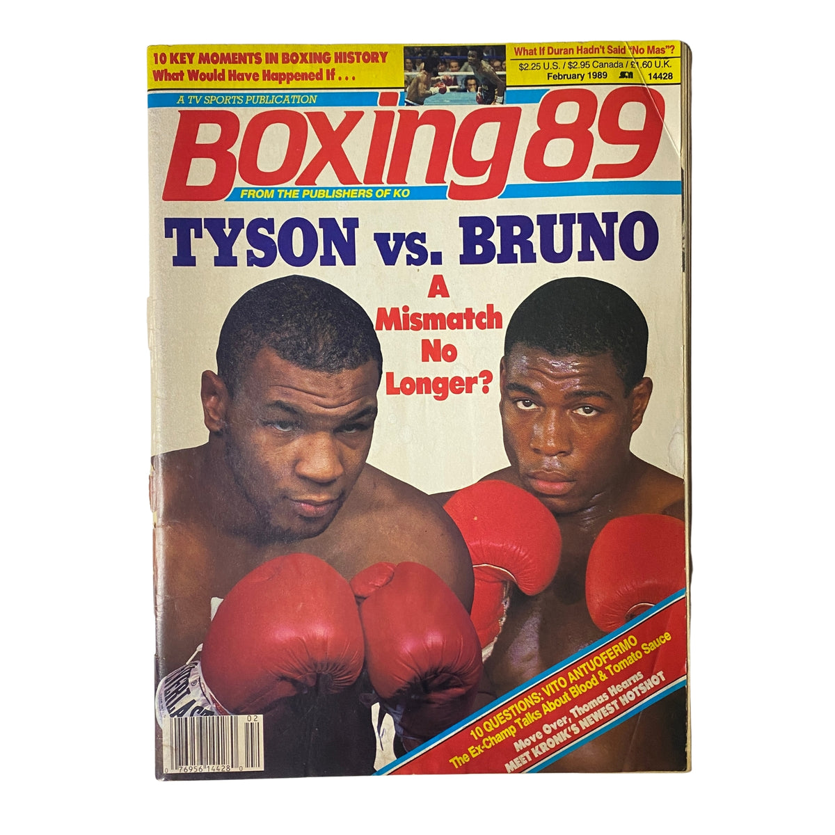 Cover of Boxing 89 Magazine February 1989 featuring Mike Tyson vs Frank Bruno with the headline 'A Mismatch No Longer?' showcasing both boxers in red gloves.