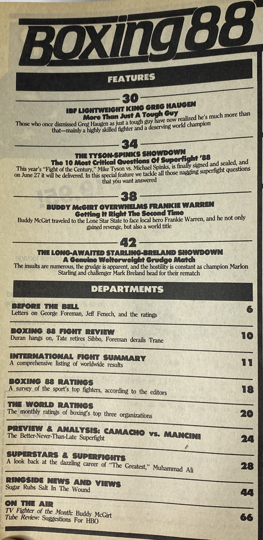 Interior page of Boxing 88 Magazine June 1988 listing features and departments, including the Tyson–Spinks showdown and various boxing articles, providing insights into the sport and prominent fighters of the era.