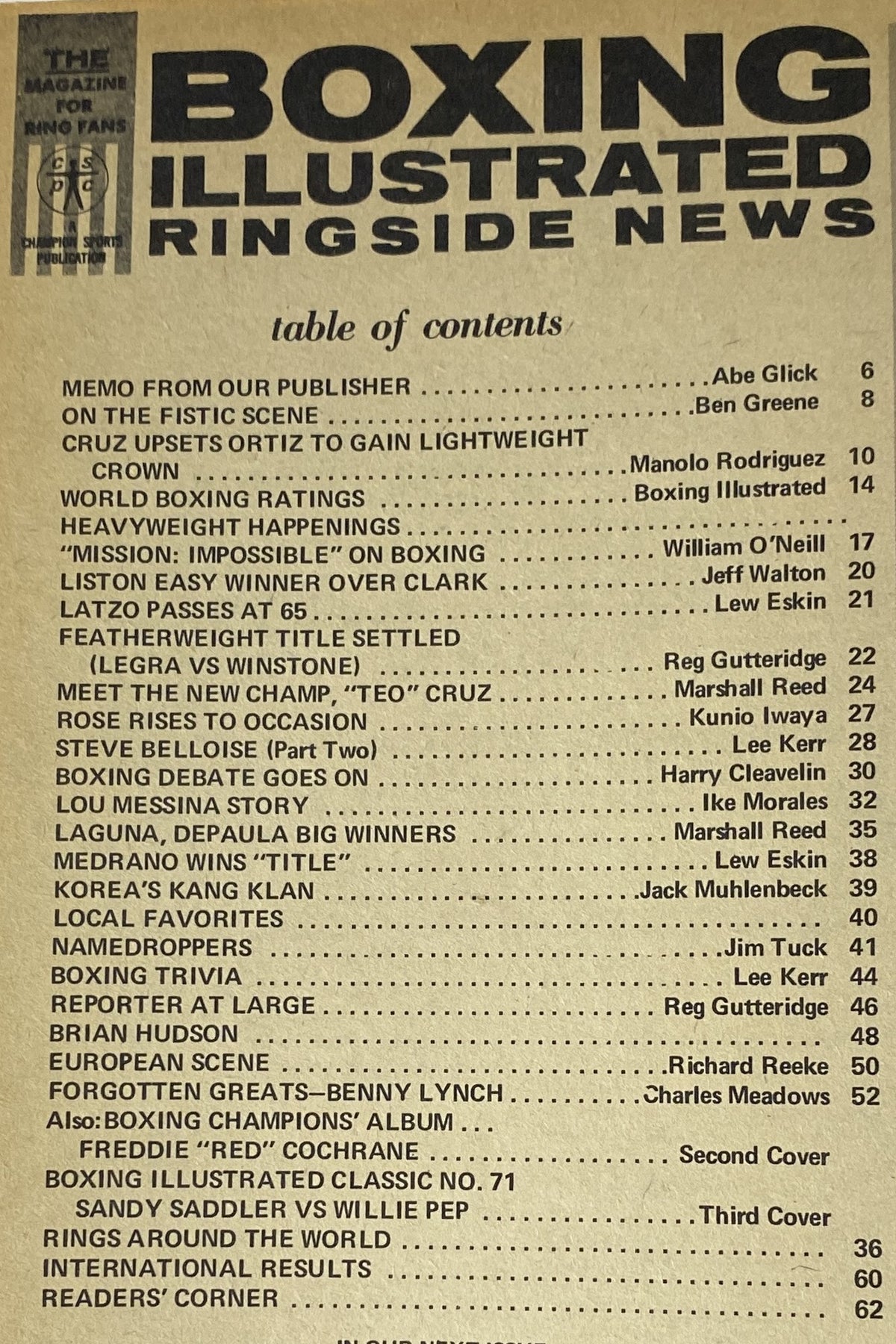 Table of contents from Boxing Illustrated Ringside News October 1968 featuring a detailed list of articles, fight reports, and boxing updates.