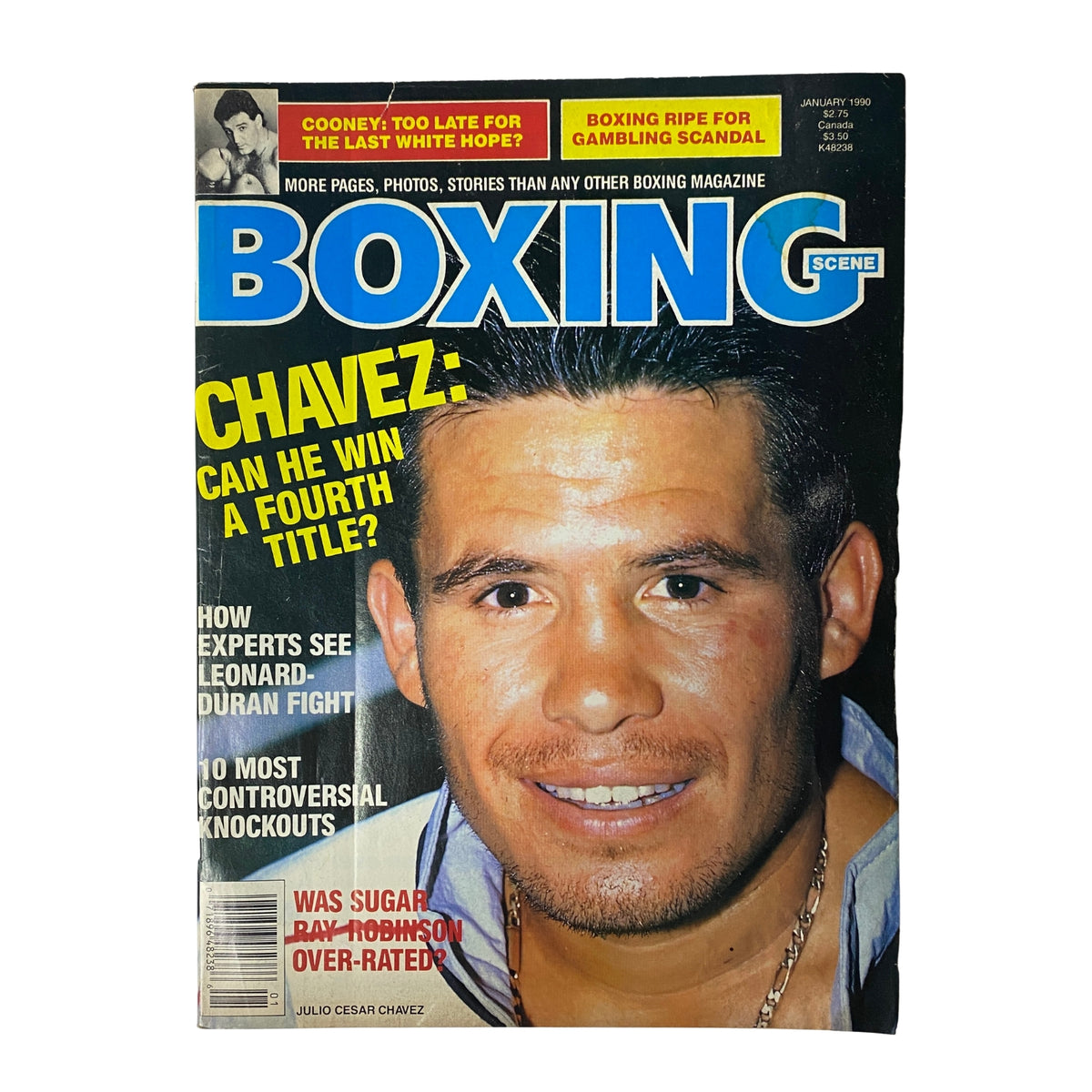 Boxing Scene Magazine January 1990 featuring Julio César Chávez on the cover, discussing his pursuit of a fourth title alongside features on boxing history, controversial knockouts, and legendary fights.