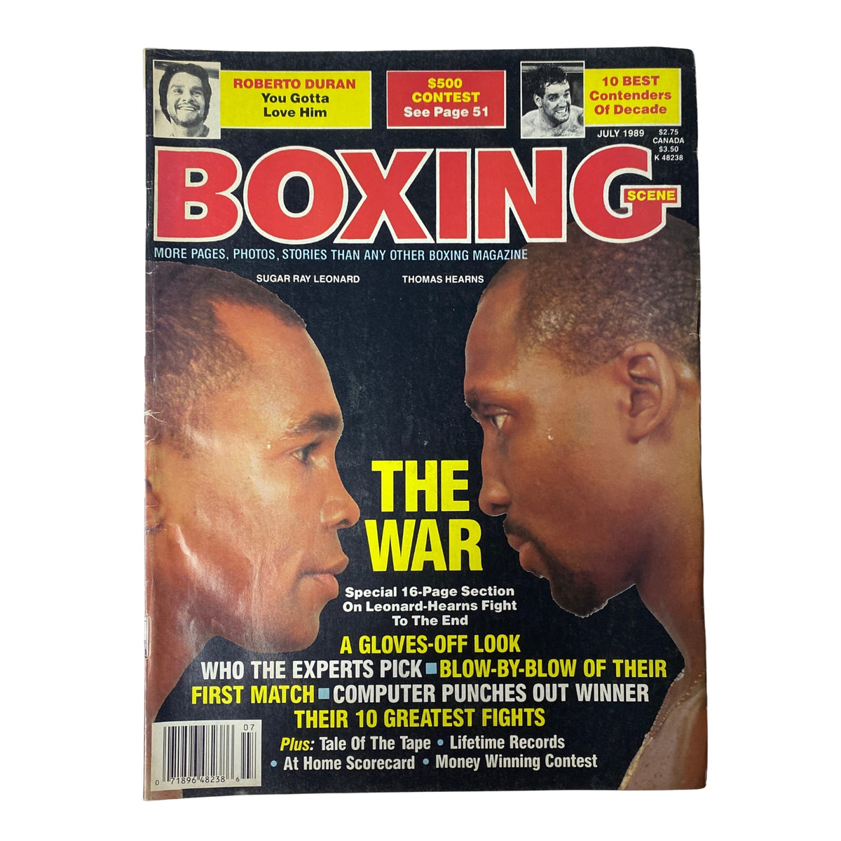 Boxing Scene magazine cover from July 1989 featuring Sugar Ray Leonard vs Thomas Hearns, highlighting their intense rivalry with the title 'THE WAR' and promotional details.