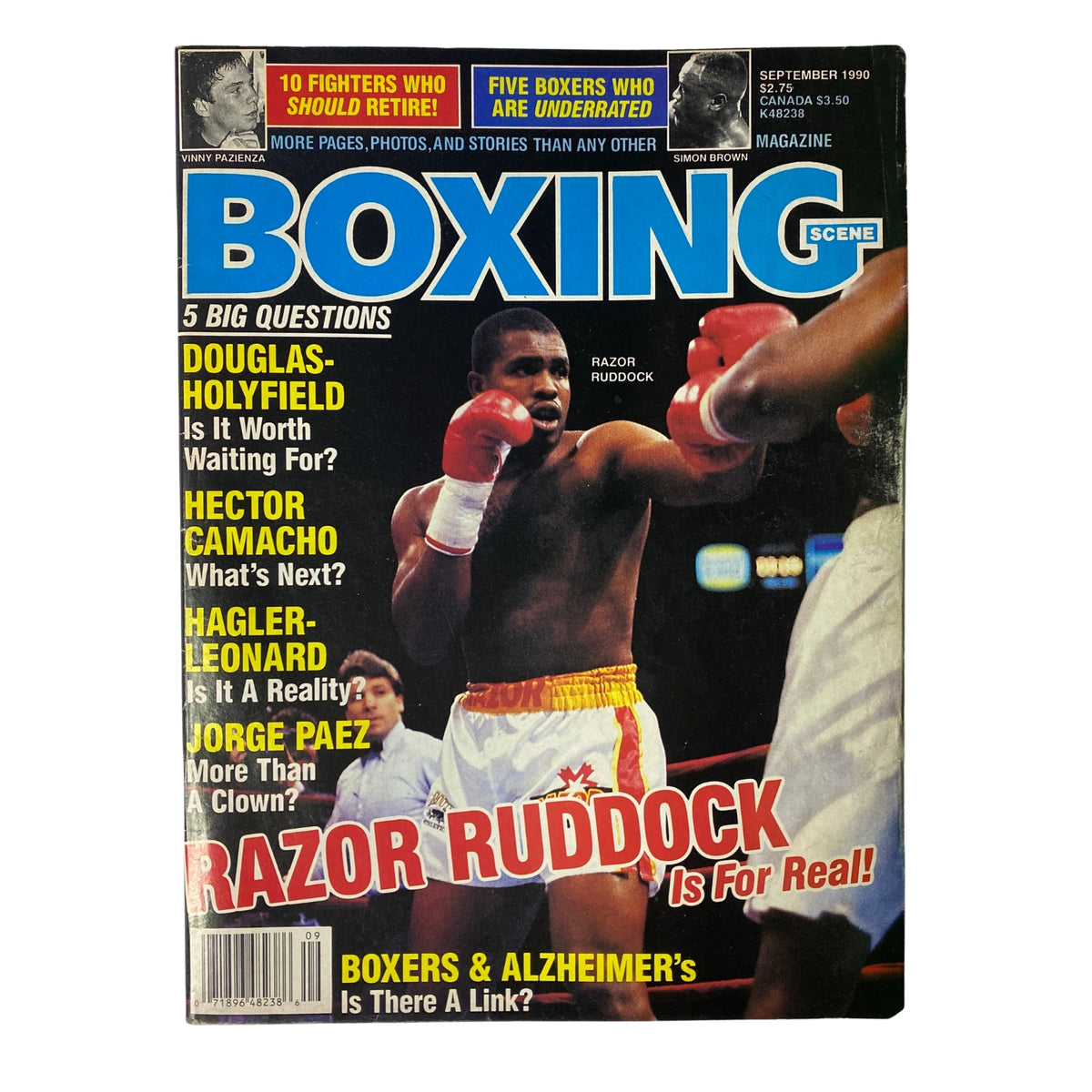 Cover of Boxing Scene Magazine, September 1990, featuring Razor Ruddock with a boxing theme, showcasing key topics like Douglas-Holyfield and boxers' health impacts.