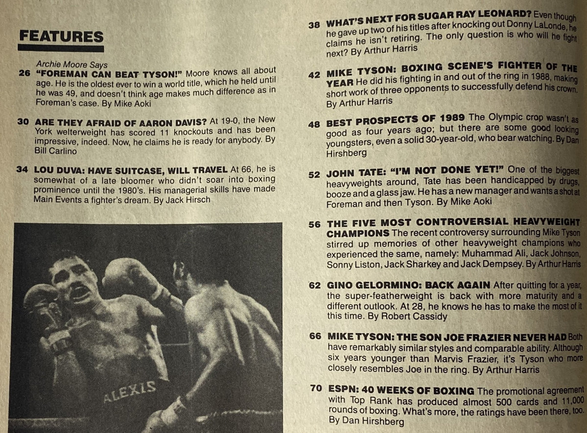 Cover of Boxing Scene Magazine March 1989 featuring Mike Tyson. The issue highlights Tyson as Boxing Scene's Fighter of the Year and includes articles on other notable boxing figures such as Sugar Ray Leonard and George Foreman.