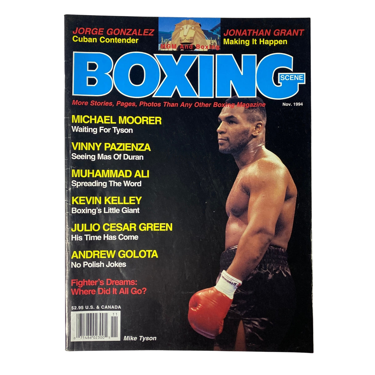 Cover of Boxing Scene Magazine November 1994 featuring Mike Tyson, with articles highlighting Michael Moorer, Vinny Pazienza, Jorge Gonzalez, and more.