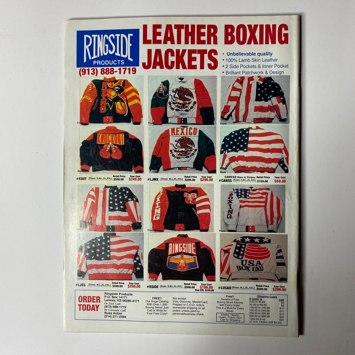 Advertisement for Ringside Leather Boxing Jackets showcasing various designs in a colorful layout, featured in a boxing magazine.