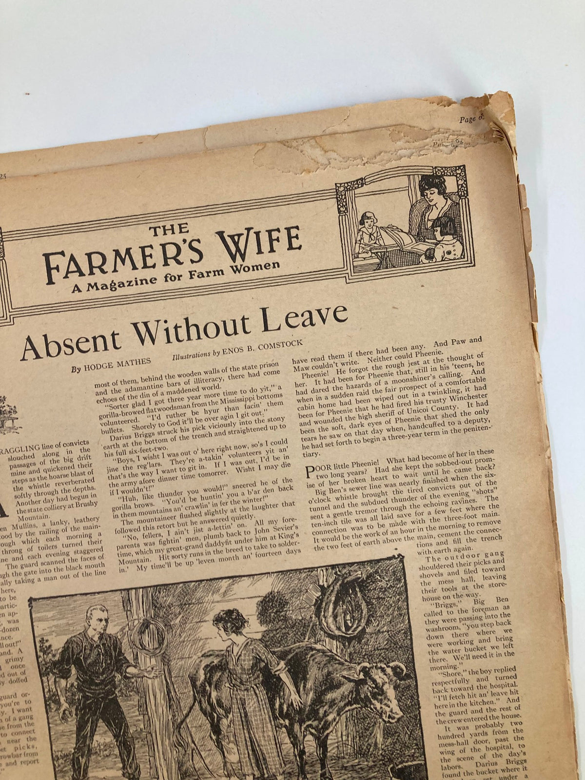 Close-up of The Farmer's Wife Magazine, February 1925, showing the title 'Absent Without Leave' and an illustration relating to farming life.