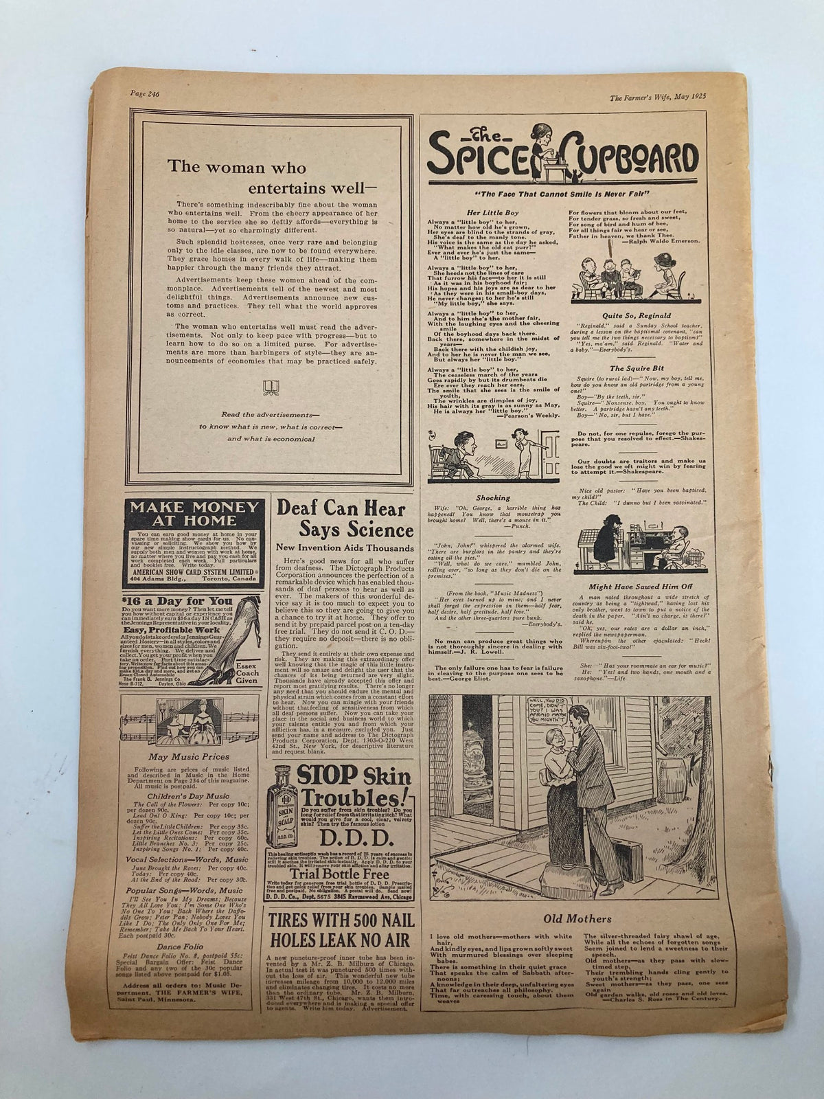 Full page layout from VTG The Farmer's Wife Magazine May 1925, featuring a column titled 'The Spice Cupboard' with vintage advertisements and illustrations.