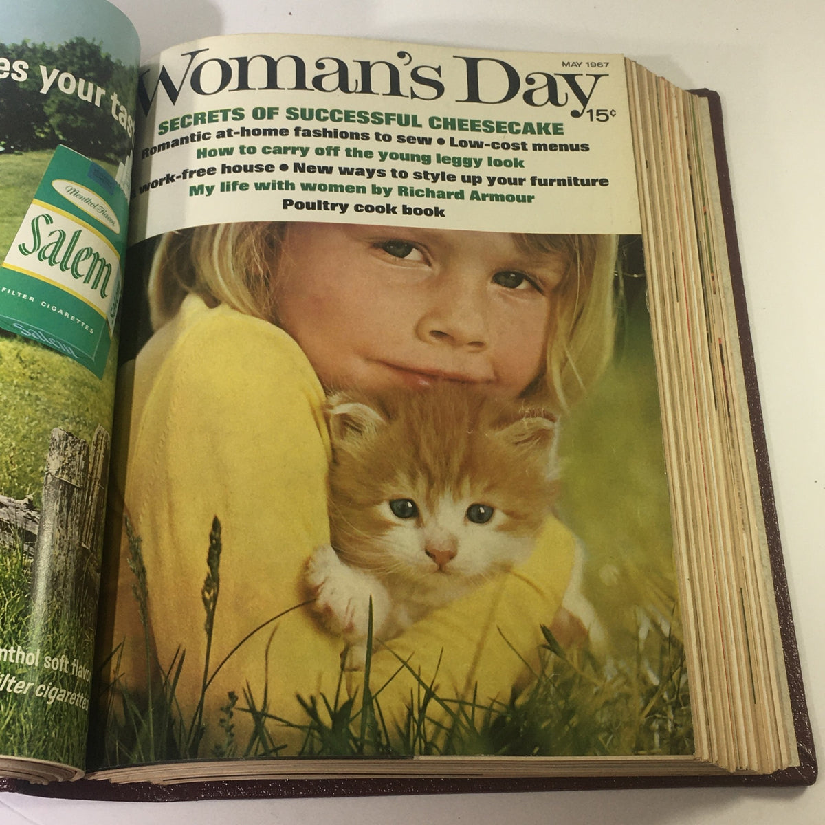 1967 Woman's Day Magazine Compilation featuring the cover page from May 1967 with a girl holding a kitten, illustrating the nostalgic themes of family and lifestyle.