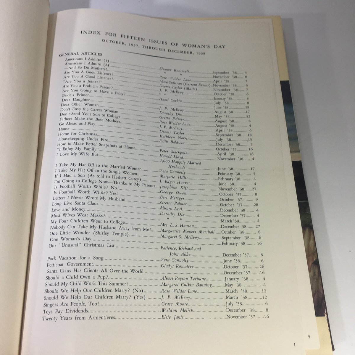 Index page listing important articles from the 1937-1938 Woman's Day Magazine Compilation.