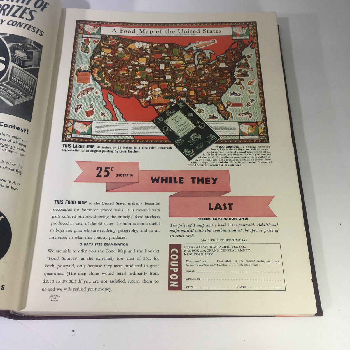 Advertisement for a food map of the United States from the 1937-1938 Woman's Day Magazine Compilation.