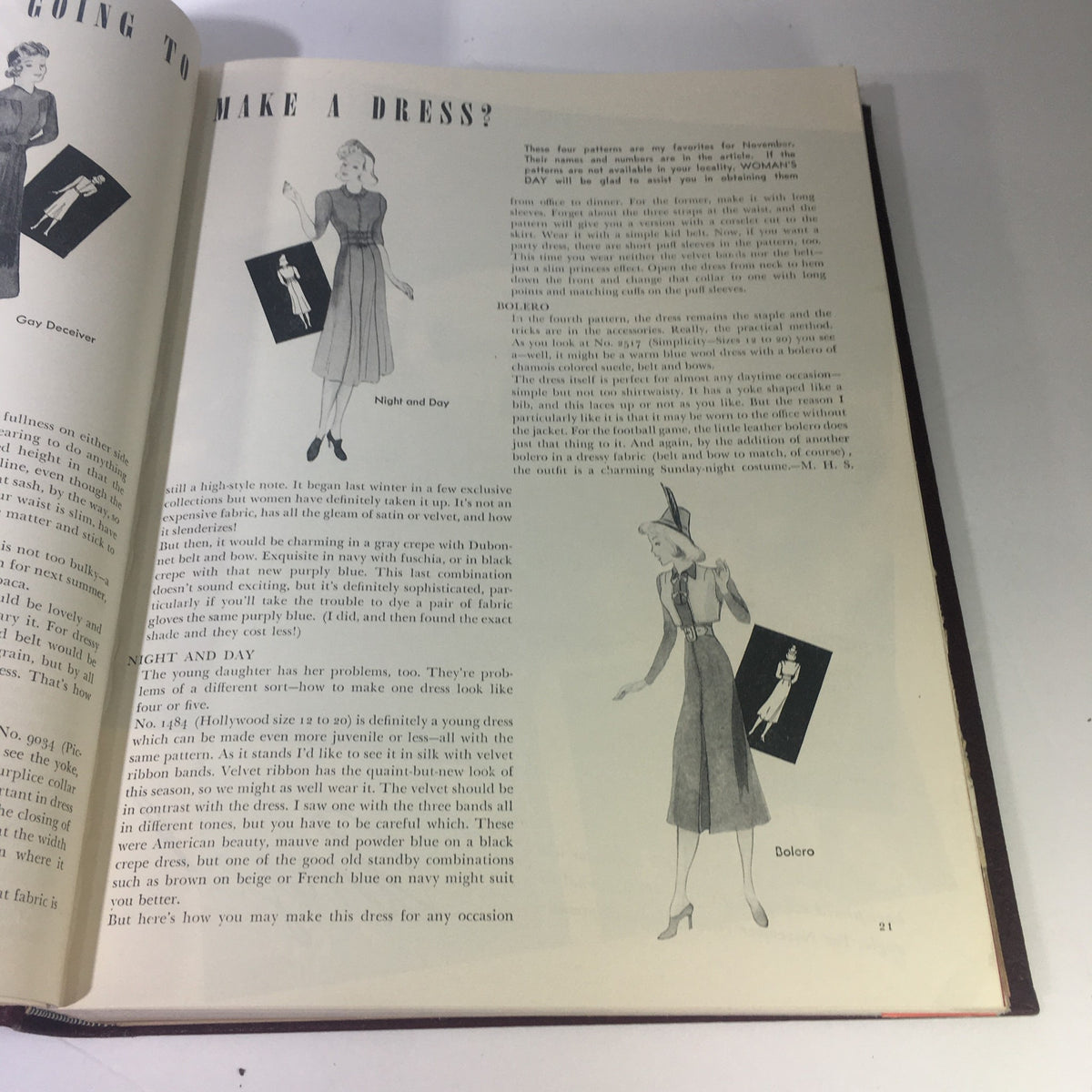 Fashion advice page on dress patterns from the 1937-1938 Woman's Day Magazine Compilation.