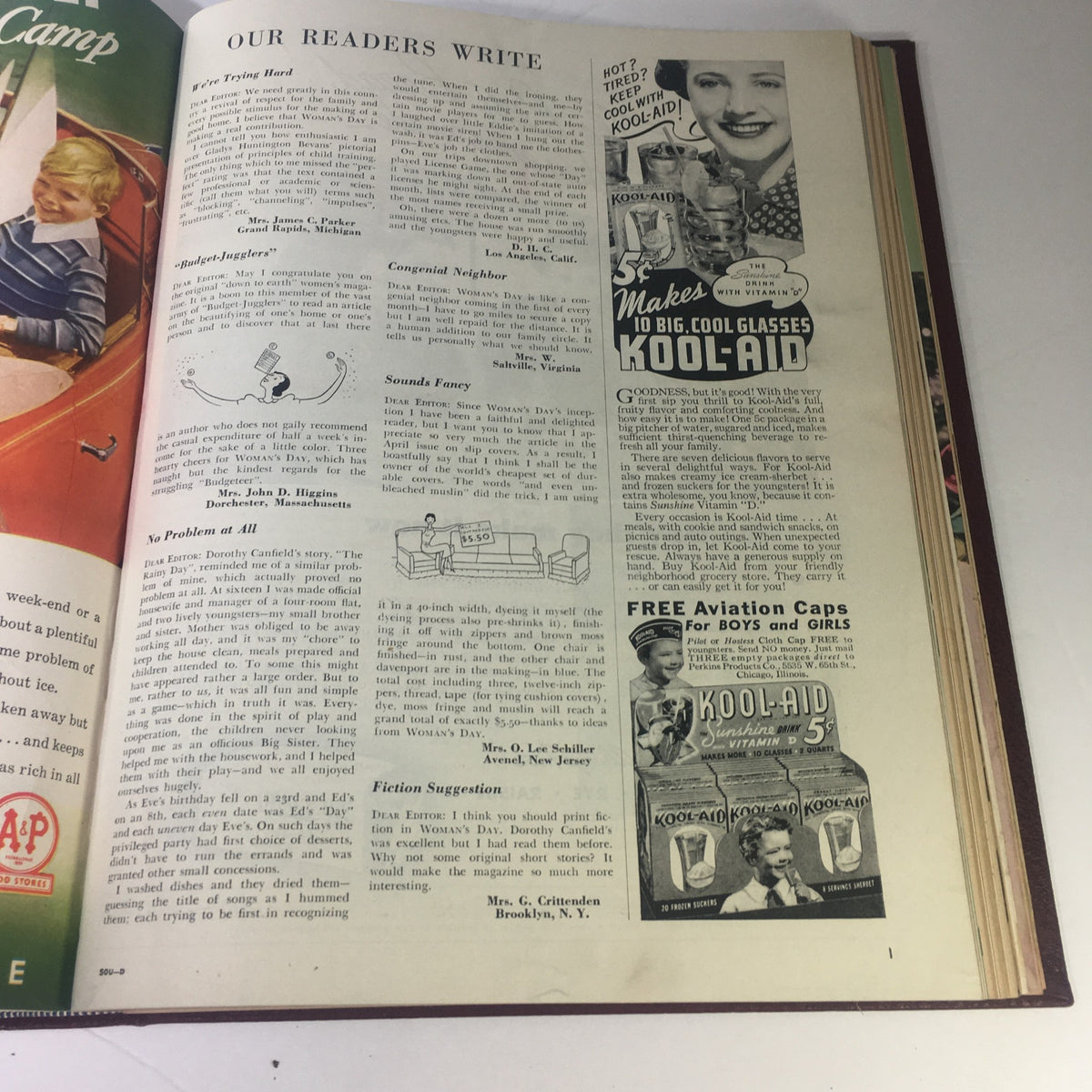 1937-1938 Woman's Day Magazine Compilation interior page filled with reader letters and advertisements for Kool-Aid.