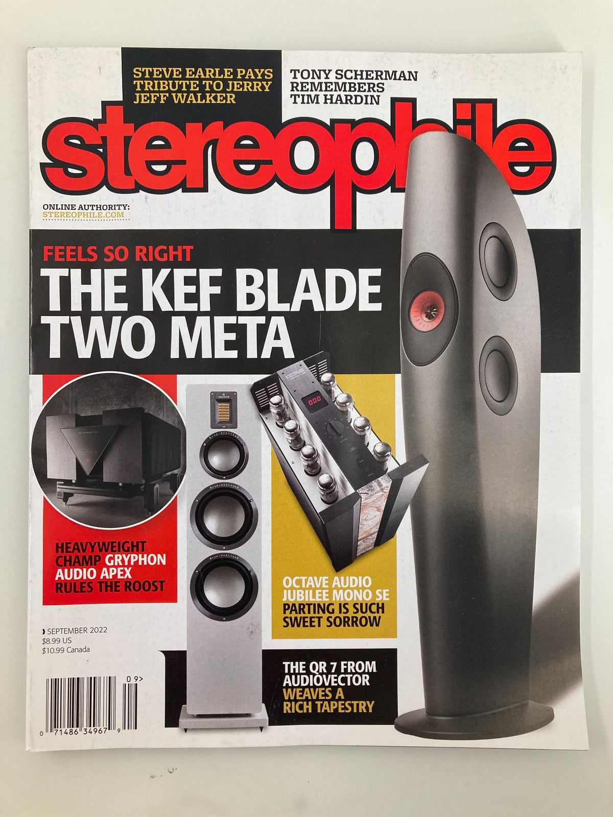 Cover of Stereophile Magazine September 2022 featuring The Kef Blade Two Meta speakers, showcasing high-fidelity audio equipment and audiophile culture.